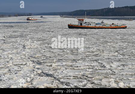 Schwedt, Deutschland. Februar 2021, 18th. Eisbrecher fahren auf der deutsch-polnischen Grenzfluß oder. In einigen Abschnitten der oder erhöht das Drifteis das Überschwemmungsrisiko. Mehrere deutsche und polnische Eisbrecher fahren derzeit stromaufwärts, um die geschlossene Eisdecke aufzubrechen. Quelle: Patrick Pleul/dpa-Zentralbild/ZB/dpa/Alamy Live News Stockfoto