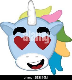 Vector Emoticon Illustration Cartoon eines Einhorns´s Kopf mit einem Ausdruck der Liebe und mit herzförmigen Augen Stock Vektor