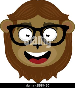 Vector Emoticon Illustration Cartoon eines Löwenkopfes mit dem fröhlichen Ausdruck, trägt eine Brille Stock Vektor