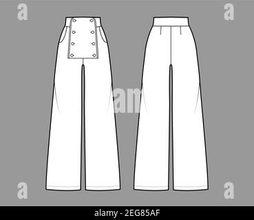 Set von Hosen Sailor technische Mode Illustration mit normaler Taille, hoher Bund, volle Länge, Taschen, Frontknöpfe. Flache Hose unten Bekleidungsvorlage hinten, weiß. Frauen, Männer, Unisex CAD Stock Vektor