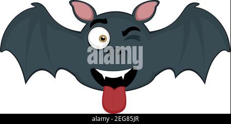 Vector Emoticon Illustration Karikatur eines Fledermaus´s Kopf mit glücklichen Ausdruck, zwinkend und ragt seine Zunge mit offenem Mund Stock Vektor