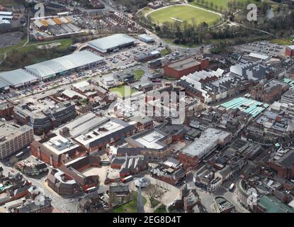 Luftaufnahme des Stadtzentrums Chesterfield, Derbyshire, UK Stockfoto