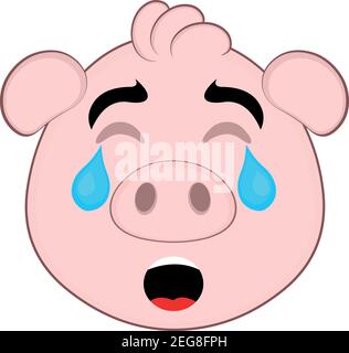 Vector Emoticon Illustration Cartoon eines Schweins Kopf mit einem traurigen Ausdruck und Weinen mit geschlossenen Augen und Tränen auf seinem Gesicht Stock Vektor