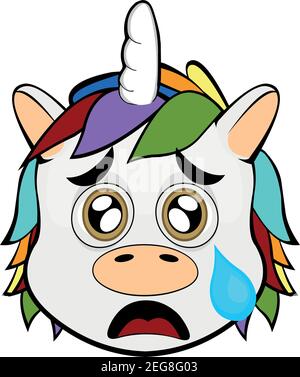 Vector Emoticon Illustration Cartoon eines Einhorns´s Kopf mit einem traurigen Ausdruck und Weinen mit einer Träne, die aus dem Auge über die Wange fällt Stock Vektor