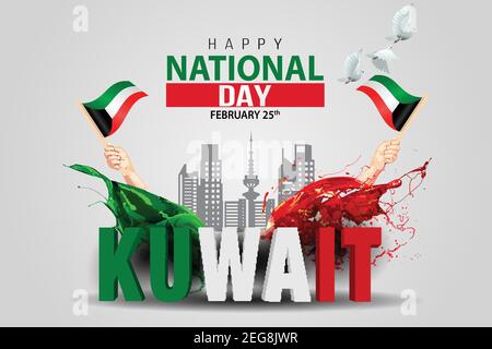 25th. Februar glücklicher Nationalfeiertag Kuwait. Hände halten Kuwait Flagge. 3D Buchstaben Vektor Illustration Design isoliert Stadt Hintergrund Stock Vektor