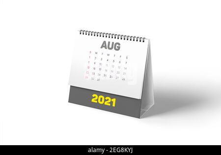 Grau und gelb 2021 Spiral Desktop Kalender Konzept: Isoliert 3D gerendert Monatsplaner für August auf weißem Hintergrund mit glatten Schatten. Stockfoto