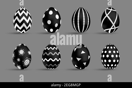 Ostereier Set schwarz. Luxus-Eier mit verschiedenen weißen Ornamenten. Frühlingsurlaub. Realistische Vektordarstellung. Für Grußkarte, Promotion, Poster Stock Vektor