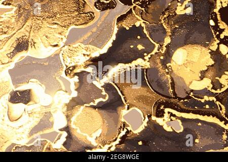 Luxuriöse Struktur aus schwarzem und goldenem Marmor. Alkohol Tinte Technik abstrakter Vektor Hintergrund. Moderne Farbe mit Glitzer. Vorlage für Banner, Poster d Stock Vektor