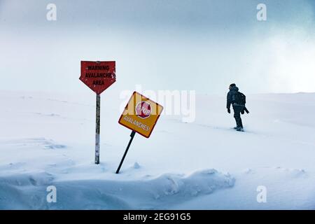 Der Tourist betritt im Winter die verbotene Gefahrenzone der Lawine. Warnschilder im Schnee im Vordergrund. Lawinengefahr Konzept Stockfoto
