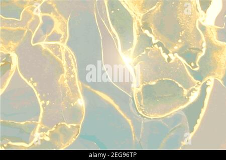 Hintergrund aus grünem, grauem und goldenem Stein mit Marmorstruktur. Alkohol Tinte orientalische Technik. Abstrakte Vektorgrafik. Moderne Flussfarbe in natürlicher Farbe Stock Vektor