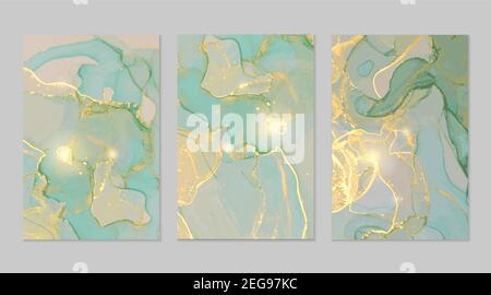 Emerald, grau, Gold Marmor abstrakte Hintergründe. Set von Alkohol Tinte Technik Vektor Stein Texturen. Moderne Farbe in natürlichen Farben mit Glitzer. Temp Stock Vektor