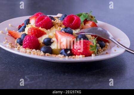 Ein Teller mit Vanillepudding und frischen Beeren Stockfoto