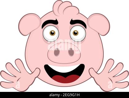 Vector Emoticon Illustration Cartoon eines Schweins Kopf mit einem fröhlichen Ausdruck lächelnd mit offenem Mund, zeigt Hände Stock Vektor