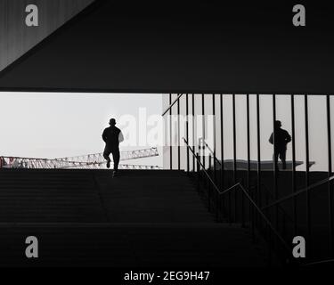 Graustufen Aufnahme einer Person, die die Treppe in der Nähe Ein reflektierendes Gebäude Stockfoto
