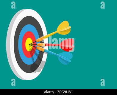 Darts-Ziel. Erfolg Geschäftskonzept. Kreative Idee 3D Illustration isoliert. Bunte Bullseye Dart Pfeil schlagen Ziel Zentrum der Dartscheibe. Vecto Stock Vektor