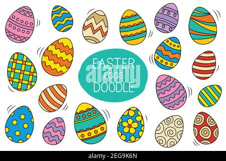 Ostereier Set Doodle und Farbe Stil. Frohe ostern Pastellfarbe isoliert auf weißem Hintergrund. Stock Vektor