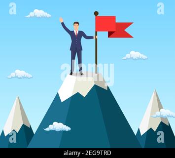 Geschäftsmann mit einer Flagge auf dem Berggipfel, Stock Vektor