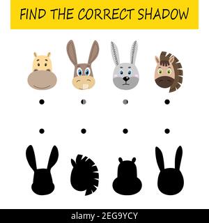 Suchen Sie den richtigen Schatten. Bildungskarte für Kinder. Niedliche Tiere. Logik-Spiel für Kinder. Ausbildung zu Hause. Bunte Cartoon Vektor Illustration. Stock Vektor