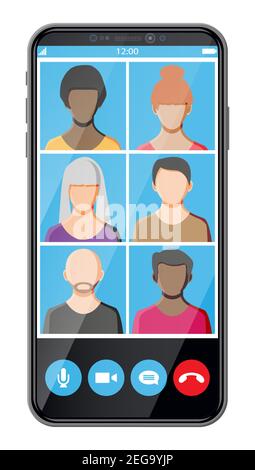 Meeting Firma über Videokonferenz. Videoanruf auf dem Smartphone. Chatten Sie mit einer Gruppe von Personen. Schaltflächen „Ablehnen“ und „Akzeptieren“ auf dem Bildschirm. Online-Meeting, Videocall-Webinar oder -Schulung. Flache Vektorgrafik Stock Vektor