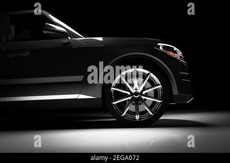 Seitenansicht des modernen schwarzen SUV-Autos in einem Scheinwerfer auf einem schwarzen Hintergrund. 3D Rendern. Luxusautos. Stockfoto