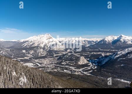 Blick in die Stadt Banff von der Sulphur Mountain Gondel. Stockfoto