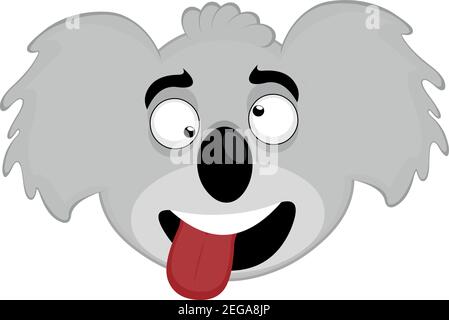 Vector Emoticon Illustration Karikatur eines Koalas Kopf mit einem spöttischen Ausdruck mit wilden Augen und ragt seine Zunge mit einem offenen Mund Stock Vektor