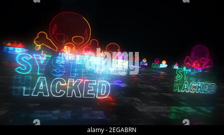 System gehackt Warnung Konzept mit Schädel-Symbol, Cyber-Angriff Warnung, Gefahr und Computer-Sicherheitsverletzung Symbol. Futuristisch abstrakt 3D Rendering illust Stockfoto