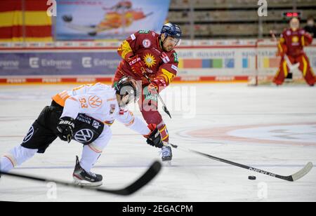 Marc-Anthony ZANETTI (DEG) im Duell gegen Spencer MACHACEK l. (WOB), Action, Eishockey 1st Bundesliga, DEL Group North Spieltag 18, Düsseldorfer EG (DEG) - Grizzlys Wolfsburg (WOB), am 16. Februar 2021 in Düsseldorf Â weltweit im Einsatz Stockfoto