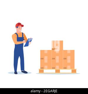 Lagerarbeiter, der die Waren auf dem Palettenlager überprüft. Stock Vektor