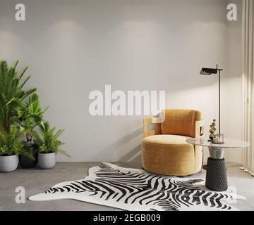 Modernes Wohnzimmer mit orangefarbenem Sessel und grünen Pflanzen, 3D Render, Wandmockup Stockfoto