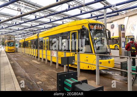 Straßenbahnen der Ruhrbahn, am S-Bahnhof Essen-Steele, Schnittstelle zwischen Schienenverkehr, Nordwestbahn und Straßenbahn- und Buslinien, in Essen, NRW, Germa Stockfoto