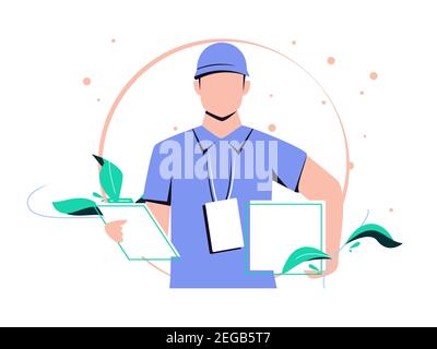 Mann mit schneller Lieferung. Courier bietet kostenlose Lieferung von Waren oder Postsendungen an die Adresse. Vektorgrafik. Stock Vektor