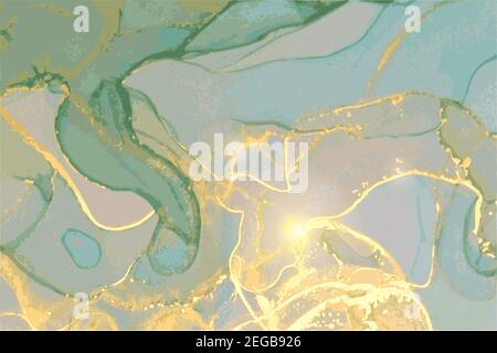 Jade, grau und Gold Marmor Textur. Abstrakter Vektor-Hintergrund in Alkoholtinte Technik. Moderne Farbe in natürlichen Farben mit Glitzer. Vorlage für Ban Stock Vektor