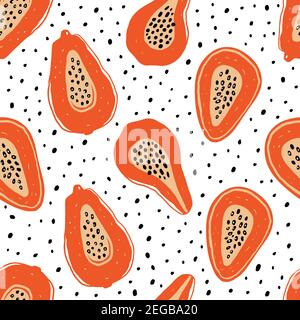 Farbmuster mit Papaya-Scheiben, Passionsfrucht auf Weiß. Handgezeichnete exotische Fruchtstücke im Hintergrund. Fruchtiges Ornament für Textil Stock Vektor