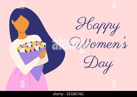 Internationale Frauentag Konzept Vektor Illustration. Schöne Frau hält bunte Frühling Tulpen Bouquet isoliert auf rosa Hintergrund. Stock Vektor