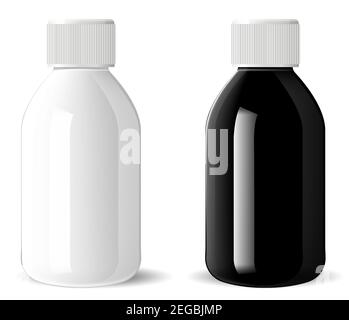 Flasche aus glänzendem Glas. Medizinische kosmetische Fläschchen Mockup. Realistische Apotheke Vitamindose. Abbildung des Zusatzbehälters. Milch weiße Flasche mit Kunststoff l Stock Vektor