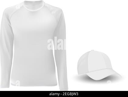 T-Shirt-Vorlage. Langarm. Baseballmütze leer. Fußball-Unterhemd für Männer oder Frauen. Sportswear-Modell. Lässiges T-Shirt kurze Vorderansicht. Realistische Mütze Stock Vektor