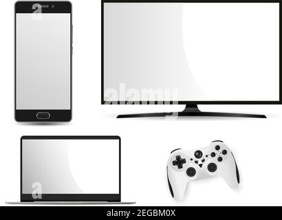 TV Laptop Smartphone und Game Control Mockup. Vector Flat Smart Tv-Bildschirm. Realistischer Led Notebook-Pc Tragbarer Computer. Handy-Telefon Templat Stock Vektor