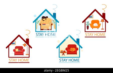 Set-Konzept zu Hause bleiben. Gemütliches Zuhause und Lesen in Coronavirus. Nette Katze schläft auf Stuhl. Vektorgrafik im flachen Stil. Stock Vektor