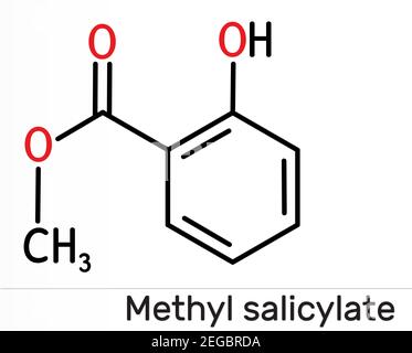 Methylsalicylat, wintergrünes Ölmolekül. Es ist Methylester von Salicylsäure, Aromastoff, Metabolit, Insektenattraktant. Skelettchemikalien. Stockfoto