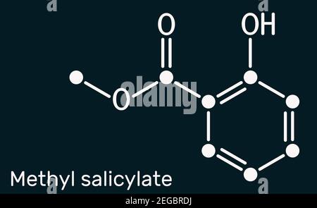 Methylsalicylat, wintergrünes Ölmolekül. Es ist Methylester von Salicylsäure, Aromastoff, Metabolit, Insektenattraktant. Skelettchemikalien Stockfoto