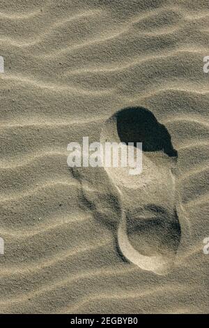 Einzelliger, einzelner, tiefer Fußabdruck, der sich im welligen Strandsand fortbewegt. Stockfoto