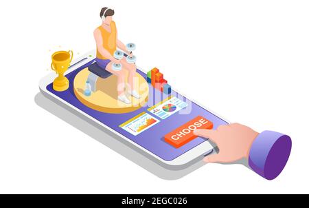 Isometrisches Smartphone mit Mann macht Übungen mit Hanteln, Vektor isometrische Illustration. Online-Fitnesstrainer. Stock Vektor