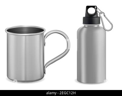 Becher aus silbernem Metall. Thermovakuumkolben aus Aluminium. 3D Abbildung des Wasserbehälter-Mockup. Wiederverwendbare Thermoflasche für Kaffee oder kaltes Getränk. Rostfreie st Stock Vektor