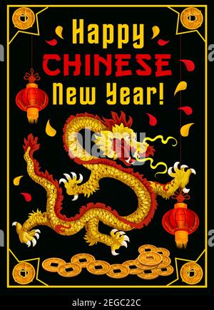 Happy Chinese New Year Grußkarte des chinesischen Drachen mit Papierlaternen und Goldmünzen Dekorationen und Ornamente. Vector traditionelle China Lunar Ye Stock Vektor