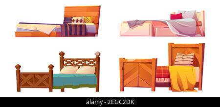 Holzbetten mit Decke und Kissen isoliert auf weißem Hintergrund. Vector Cartoon Set von Einzel-und Doppelbetten, Vintage-Holz-Möbel für den Schlaf mit farbigen Bettwäsche, Bettdecke und Kissen Stock Vektor