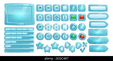 Ice Buttons für ui-Spiel, gui-Elemente auf weißem Hintergrund isoliert. Vektor-Cartoon-Kit von blauen gefrorenen Banner, Menü-Tasten mit Schildern, Pfeile und Fortschrittsbalken für mobile Spiel Stock Vektor