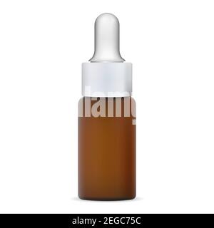 Flasche mit ätherischem Öl. Tropfflaschen für Serumessenz. Bio-Kräuterflasche Schönheit braun mit Pipettenkappe. Realistische Bernstein Glas Apothekenbehälter fo Stock Vektor