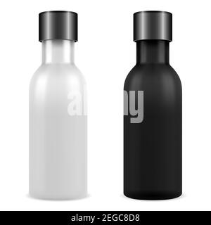 Ätherisches Öl kosmetische Flasche schwarz, weiß Set. Isolierte runde Fläschchen Vektor-Mockup. Realistische medizinische Plastikvorlage. Kleine schwarze Apothekenbehälter. Stock Vektor