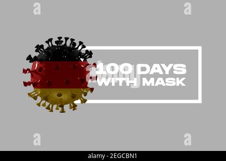 Modell des COVID-19 Coronavirus in deutscher Flagge, Konzept der Pandemie, Medizin und Gesundheitswesen. Weltweite Epidemie, Quarantäne und Isolation, Schutz. Bidens 100 Tage Gesichtsmaske. Stockfoto